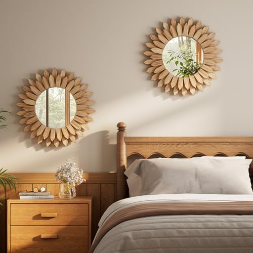 20" Round Sunburst Wooden Mirror Boho Rustic Wall Decor - Image 6