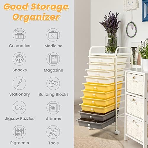 MEDIMALL 10 Drawers Rolling Storage Cart, Multipurpose Craft Storage Cart with Wheels, Mobile Tools Scrapbook Paper Organizer Cart for Office School Home Use (Yellow) - Image 5