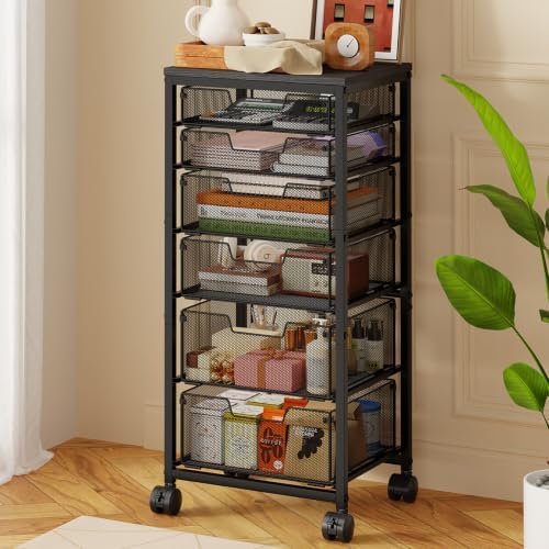 Sbanmao 6 Drawers Rolling Utility Cart, Rolling Storage Cart with Wooden Tabletop, Storage Drawer Cart on Lockable Wheels, Craft Cart for Bedroom, Classroom, Office, Black by shengbaomaoyi