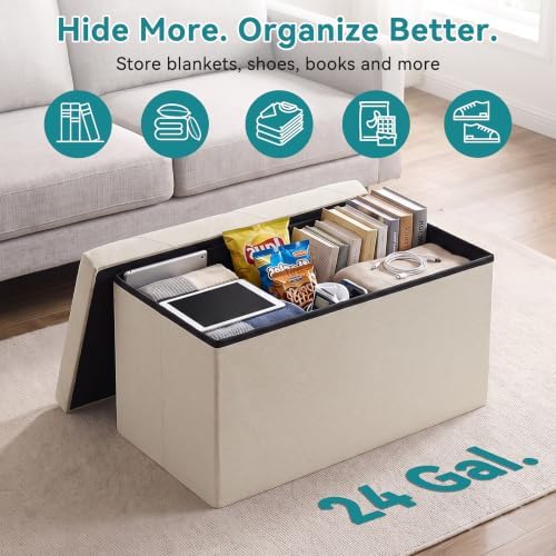 OLIXIS 30 Inch Folding Storage Ottoman Bench, Beige Ottoman with Storage - Image 5