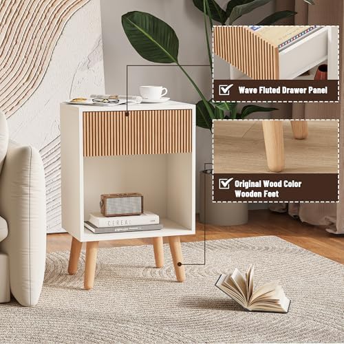 Fluted Nightstand, Modern Bedside Table with Storage Drawers and Open Wood Shelf, Night Stand with Solid Wood Legs, End Tables Side Tables for Living Room, Bedroom - Image 4