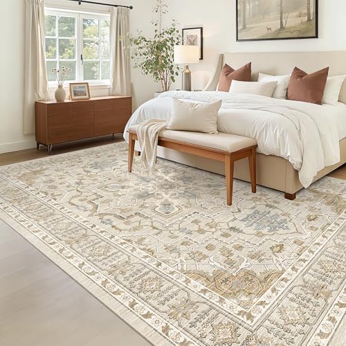Madane 5x7 Area Rugs for Living Room, Non-Slip Washable Rug, Beige/Blue - Image 2