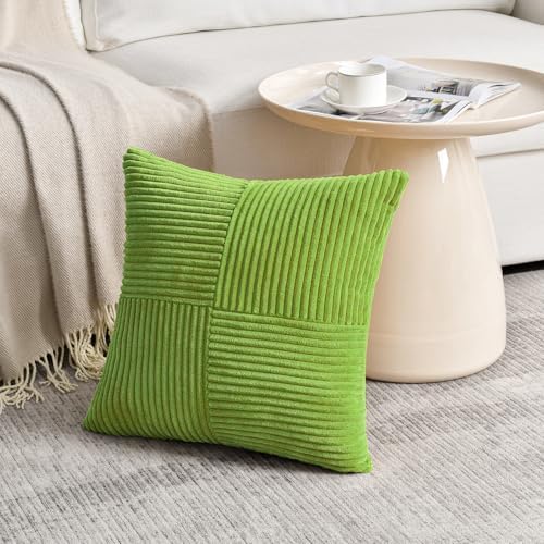 Fancy Homi Set of 2 Lime Green Decorative Throw Pillow Covers 22x22 Inch for Living Room Couch Bed Sofa, Farmhouse Boho Home Decor, Soft Cross Corduroy Patchwork Accent Square Cushion Case 55x55 cm - Image 2
