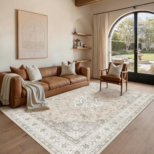 8x10 Washable Area Rug Beige Brown Non Slip Vintage Carpet - Image 2