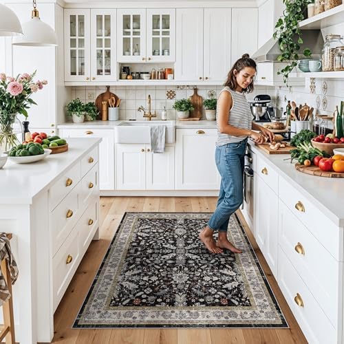 4x5 Kitchen Rug Washable Non-Slip – Soft Low Pile Indoor Carpet for Entryway Bathroom Living Room Bedroom – Boho Floral Small Throw Area Rug (Black,4x5) - Image 3