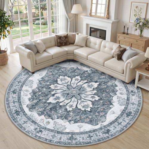 RELEANY Washable Area Rug, Round 10ft, Grey/White/Beige by RELEANY