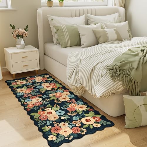 DUKINO 2x5 Washable Runner Rug, Floral Non Slip Kitchen Rug, Navy Blue - Image 6