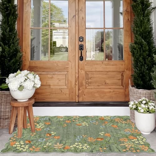 Floral Outdoor Rug - 28" x 43" Front Door Mat Indoor Outside Entrance Non-Slip Washable Outdoor Mat Sage Green Boho Flower Rug for Entryway Kitchen Bedroom Layered Doormat for Front Porch - Image 3
