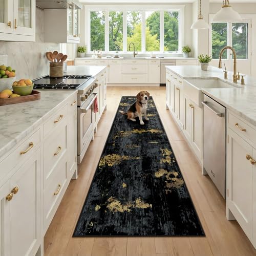 RELEANY Washable Runner 2'x9' Abstract Area Rug for Hallway Black Gold by RELEANY