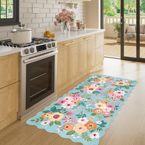 DUKINO 2x4 Rug for Entryway, Floral Washable Kitchen Rugs Non Slip, Teal - Image 3