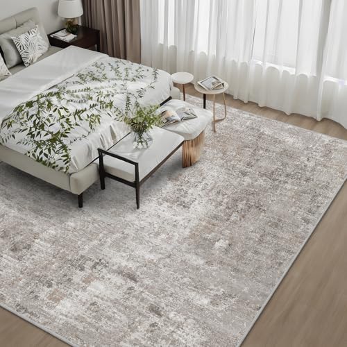 10x10 ft Square Living Room Rug – Washable Modern Abstract Area Rug for Bedroom, Dining Room, Playroom – Neutral Non-Slip Low-Pile Thin Indoor Carpet (Beige Grey) - Image 2
