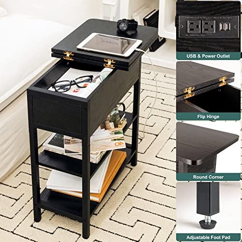 Yoobure End Table with Charging Station, Flip Top Side Table with USB Ports and Outlets, Sofa Couch Table Bedside Table for Living Room Bedroom, Narrow Nightstand with Storage Shelves for Small Space - Image 4