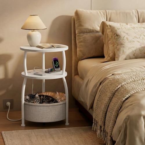 Round Side Table with Charging Station, USB Type C Port, White - Image 4