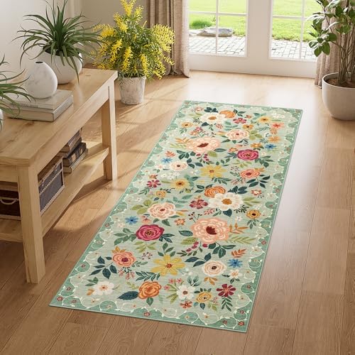 DUKINO 2x5 Runner Rug, Floral Washable Rug for Kitchen Non Slip, Green by DUKINO