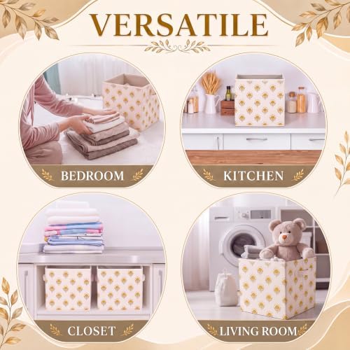 Bokon 6 Pcs 11'' Mustard Yellow Block Print Storage Bin Floral Storage Cube - Image 5
