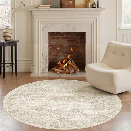 Soalmost 5x5 Beige Round Rug 6ft Circle Living Room Area Rugs Non-Slip by Soalmost