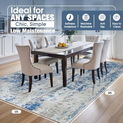 5x8 Area Rugs for Living Room Washable Bedroom Dining Room Blue Grey White - Image 2