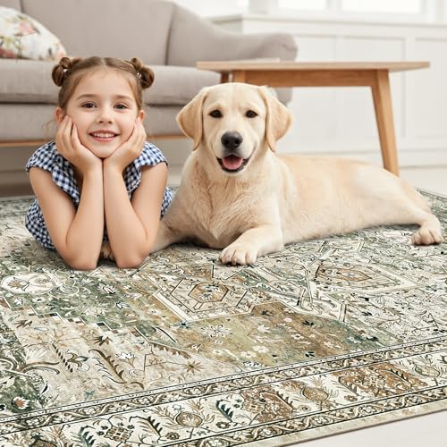 Soalmost Washable Area Rug 8x10 Large Soft Rugs for Living Room Olive Beige - Image 3