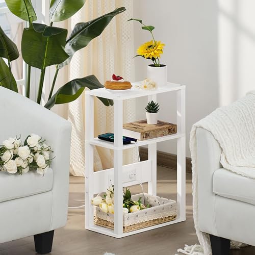 YUFAM 3-Tier Narrow Bedside Table with Charging Station, Skinny Nightstand - Image 2