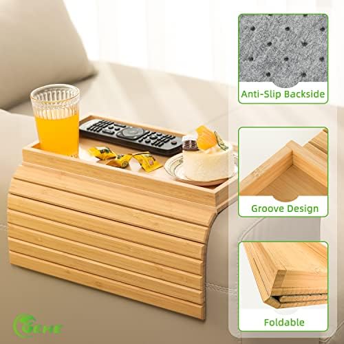 GEHE Bamboo Sofa Arm Tray, Foldable Couch Arm Tray Side Table, Anti-Falling Armrest Tables Cup Holder for Snacks, Drinks, Beers, Phone, Control, Flexible and Portable, Anti-Slip - Image 2