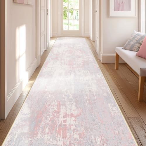 RELEANY Washable Runner 2'x10' Abstract Area Rug for Hallway Gray Pink by RELEANY
