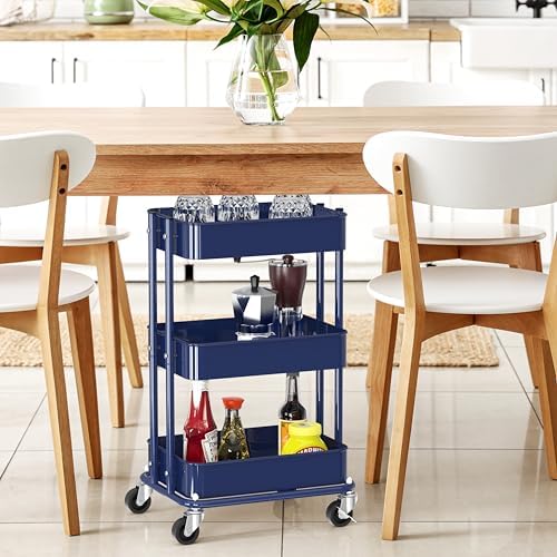Simple Houseware 3-Tier Utility Cart, Low 24" Height Fits Under Desk, Navy - Image 6