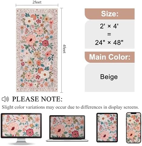 DUKINO 2x4 Entryway Rug, Floral Washable Kitchen Rugs Non Slip, Beige - Image 2