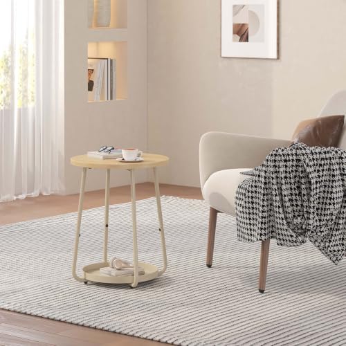 sthmec Small Round Side End Table with Storage, 2 Tier Round Bedside Sofa Couch Coffee Tables with Tray, Metal Nightstand for Small Spaces, Living Room Bedroom, Natural - Image 2