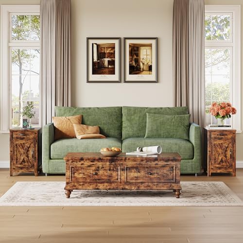 IRONCK End Table with Charging Station, Farmhouse Narrow Side Table with Drawer and Cup Holder, End Table Set of 2 with USB Ports and Outlets for Living Room, Vintage Brown - Image 2
