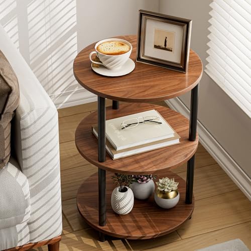 XBurmo Round Coffee Table for Living Room - Narrow Side or Bedside Stand, Industrial Vintage Nightstand for Bedroom, or Small Spaces, Rustic Walnut by XBurmo