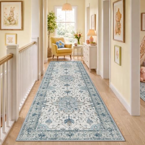 RELEANY Washable Area Rug, Runner 3'x10', Blue/White/Gray by RELEANY