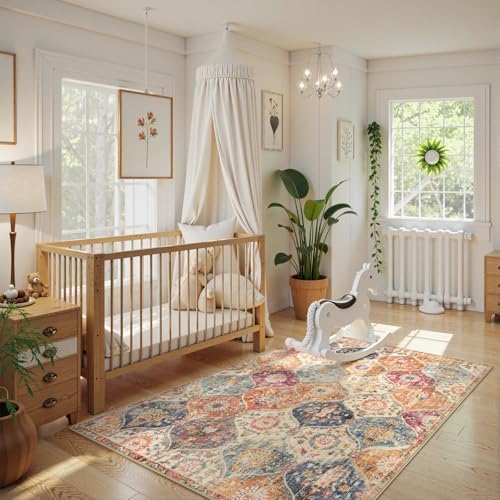 Lahome Moroccan Machine Washable Rugs for Living Room, 4x6 Rug for Bedroom Non-Slip Vintage Trellis Ultra-Thin Throw Carpet for Dining Room Office Nursery Elise, Cream/Multi - Image 4