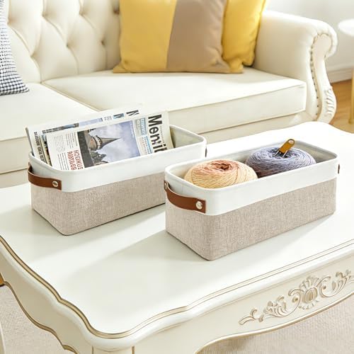 Bagnizer Small Fabric Storage Baskets, 15x6x5 inch Narrow Storage Bins 4-Pack Long Storage Basket for Organizing with Handles, Decorative Basket for Closets, Shelves, Toilet Paper, Beige - Image 7