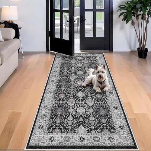 Washable 4x8 Hallway Runner Rug: Vintage 8ft Soft Runners for Entry Living Room Wide Low Pile Carpet with Non-Slip Backing for Kitchen Bedroom Thin Stain Resistant Floor Mat for Dining Room(Black,4x8) - Image 2