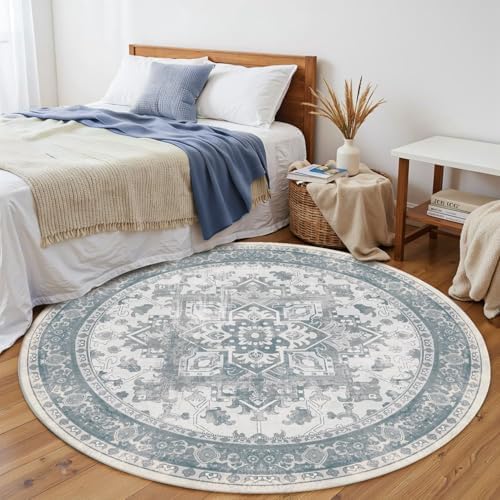 Blue Round Rug for Bedroom, Vintage Circle Rug(4ft) - Image 2