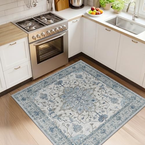 RELEANY Washable Area Rug, Square 4'x4', Blue/White/Gray by RELEANY