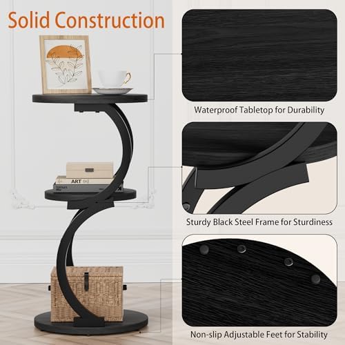JUSTOGO Small Side Table, 3-Tier Round End Table for Small Spaces, Black - Image 5