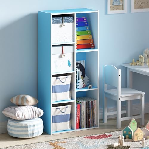 Furinno LUDER Book Shelf, 7-Cube Bookshelf, Bookcase with Open Shelves, 9.4 x 19.5 x 41.7, Easy Assembly, for Living Room, Bedroom, Home Office, White/Light Blue - Image 2