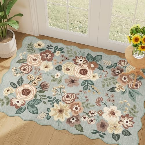 DUKINO 2x3 Rug for Entryway, Floral Door Mat Washable Rug, Sage Green by DUKINO