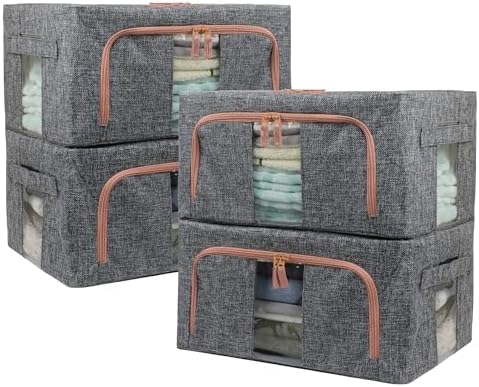 Linen Clothes Storage Bins, 4PCS Sturdy Closet Organizers and Storage Bin with Metal Frame, 2 Opening Ways Fabric Visible Lidded Storage Box for Organizing Clothing,Jeans,Sheets (4PC Gray, 22Liters) by Fordonral