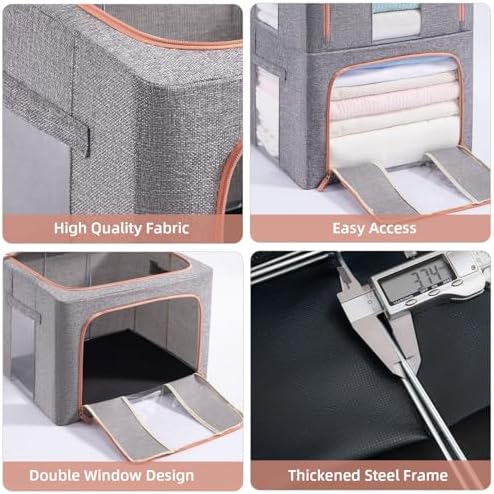 GuliPostan 3 Pack 24L Stackable Clothes Storage Bins with Metal Frame Handles & Zipper, Collapsible Closet Organizer Box with Lid for Bedding Blankets Towel (Grey) - Image 3