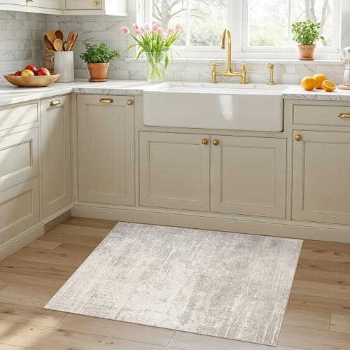 HAOYUNLAI 2x3 Entryway Area Rug: Washable Kitchen Bedroom Carpet Soft Abstract Laundry Bathroom Rugs with Non-Slip Backing Easy-Clean Distressed Home Decor Floor Mat for Pets Family (2x3,Beige/Cream) - Image 6