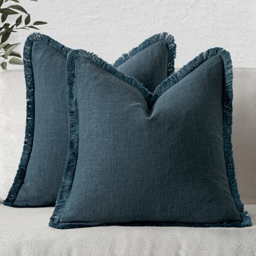 MIULEE Linen Fringe Decorative Euro Throw Pillow Covers Navy Blue 22x22 by MIULEE