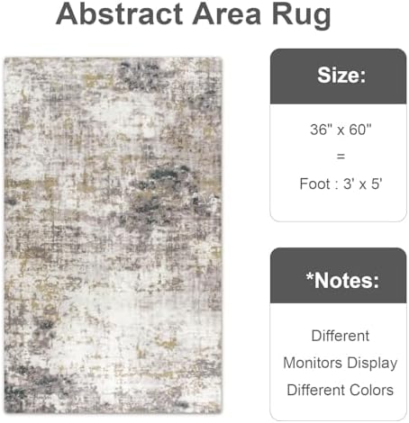 Modern Abstract 3x5 Rug, Bedside Area Rug, Machine Washable Non Slip Rugs for Bedroom, Low Pile Stain Resistant Distressed Rug for Nursery, Living Room, Dining Room, Grey Gold - Image 2