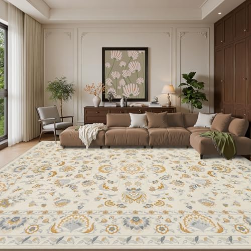 8x10 Area Rug Living Room: Soft Floral Washable Boho Carpet Beige - Image 2