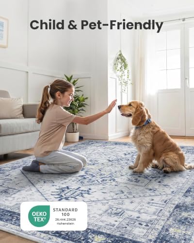 AMADA HOMEFURNISHING Washable Area Rug, Low-Profile Large Area Rug with Non-Slip Backing & Durable Edge Binding, Vintage Large Rugs for Living Room, Bedroom, Dinning Room, 8x10, Navy Blue/White - Image 6