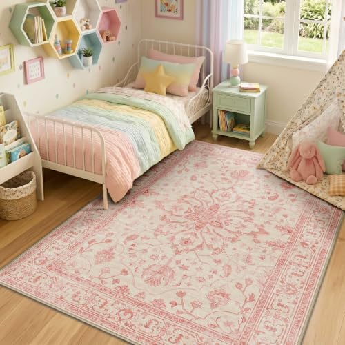 RELEANY Washable Area Rug, 5'x7', Pink/Light Vintage Pink - Image 3