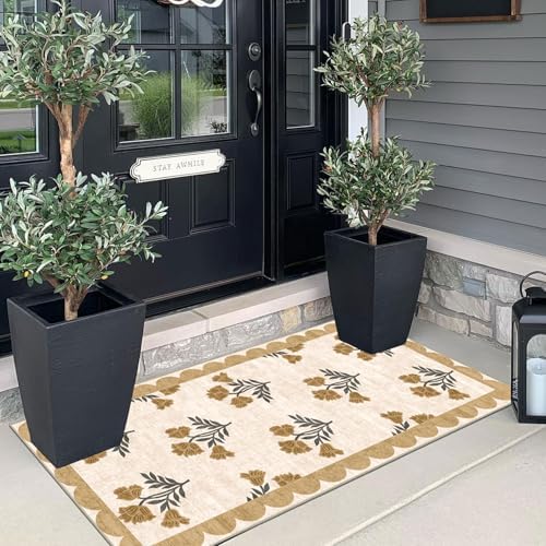 Front Door Mat Indoor Entrance - 2x4.3 Ft Floral Washable Layered Doormat Outdoor Entrance Spring Porch Rug Non-Slip Beige Boho Runner Rug for Kitchen Hallway Bedroom Laundry Room Porch Decor - Image 7