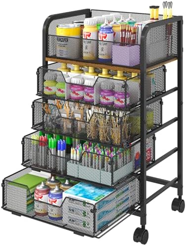 Yociyoga 5-Tier Craft Cart with Wheels-Rolling Storage Cart with Drawers,Rolling Utility Cart with DIY Divider,Art Supply Organizer Cart,Rolling Cart with Drawers,Craft Organizers and Storage,Black by FollowWithYociyogaTogether