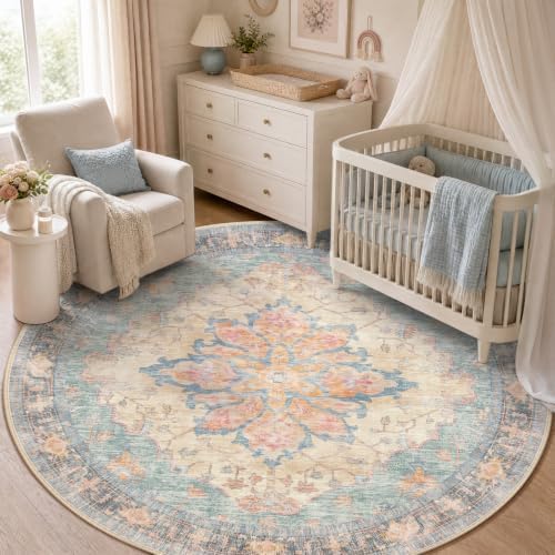RELEANY Washable Area Rug, Round 5ft, Blue/Orange/Red by RELEANY